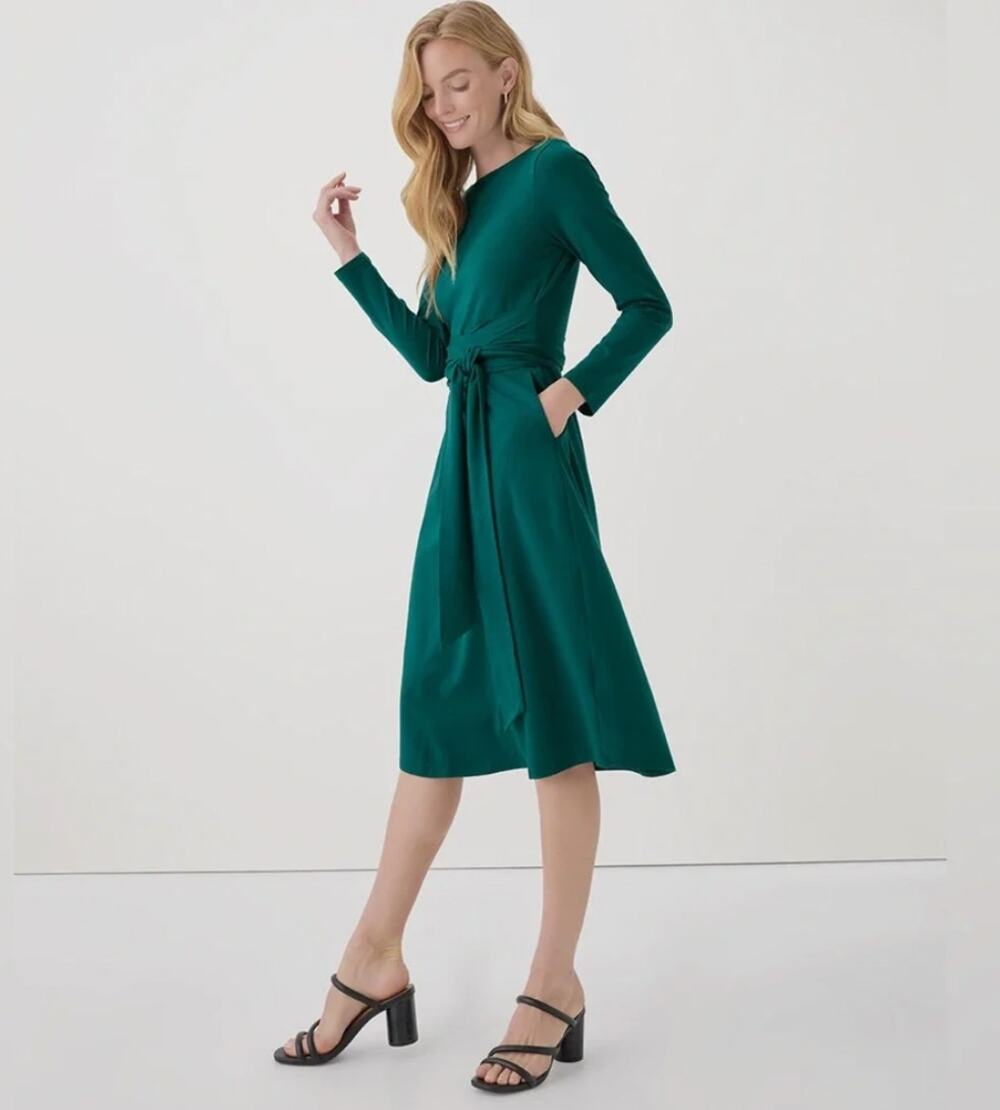 Pact Women's Fit & Flare Tie Wrap Emerald Dress XL Organic Cotton Minimalist